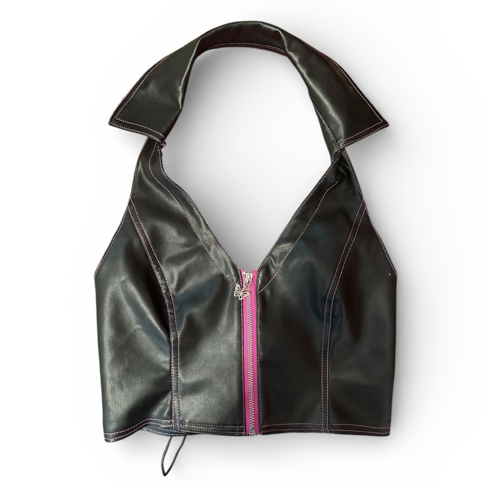 dELiA*s/Dolls Kill Black Faux Leather Zip Front/ Corset Top w Pink Stitching S